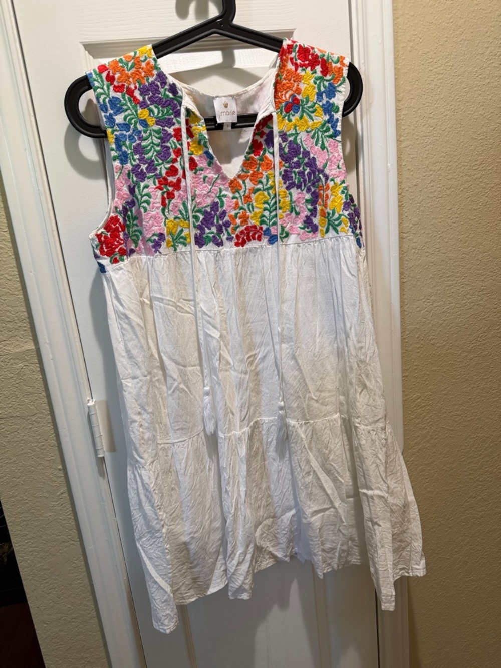 Womens' White Tiered Dress with Multicolor Floral Embroidery